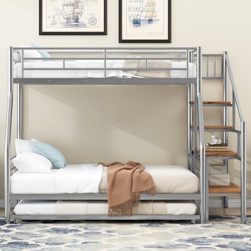 Silver Metal Twin Over Full Bunk Bed with Trundle and Stairs A1578