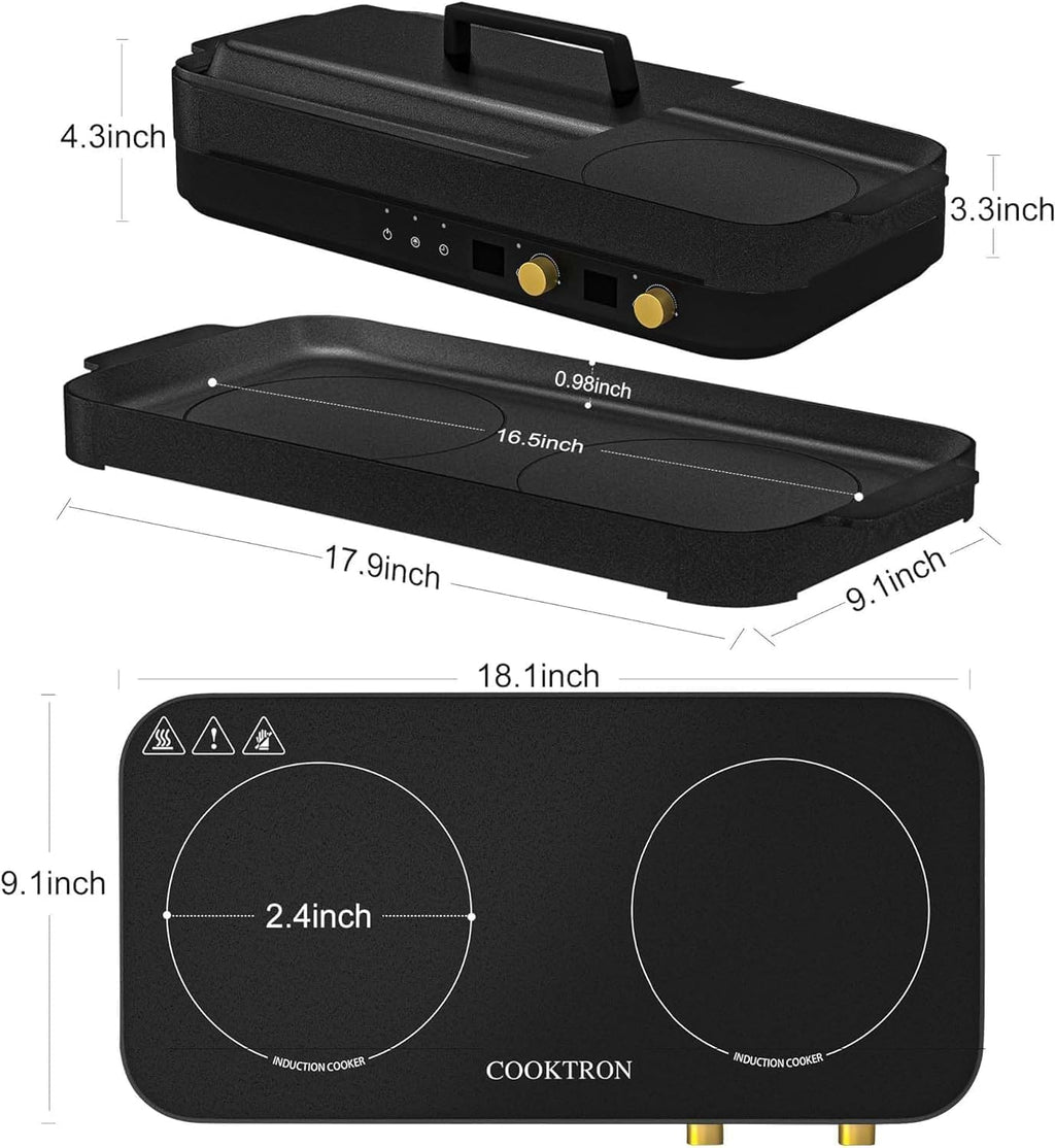 Induction Cooktop 2 Burner with Removable Iron Cast Griddle Pan Non-stick P8548