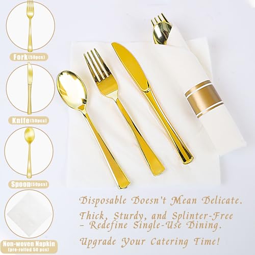 350PCS Gold Plastic Dinnerware Set with 100 Plates, 50 Cups, 50 Spoons, 50 Forks, 50 Knives U9314