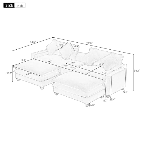 Beige Sectional Sofa with 2 Removable Ottoman E196