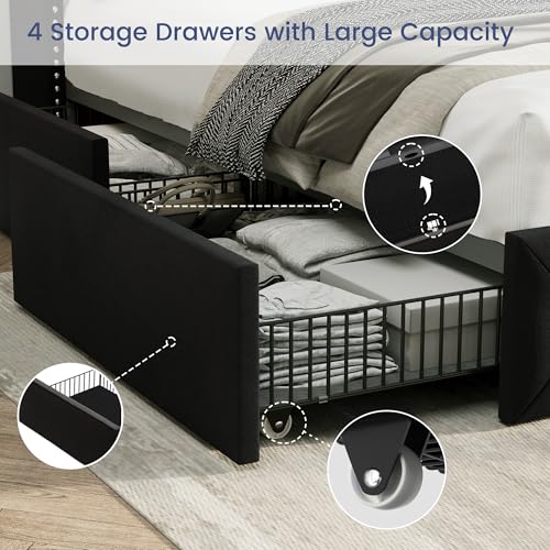 Black Velvet King Size Bed Frame with Storage Drawers and Tufted Headboard W1588