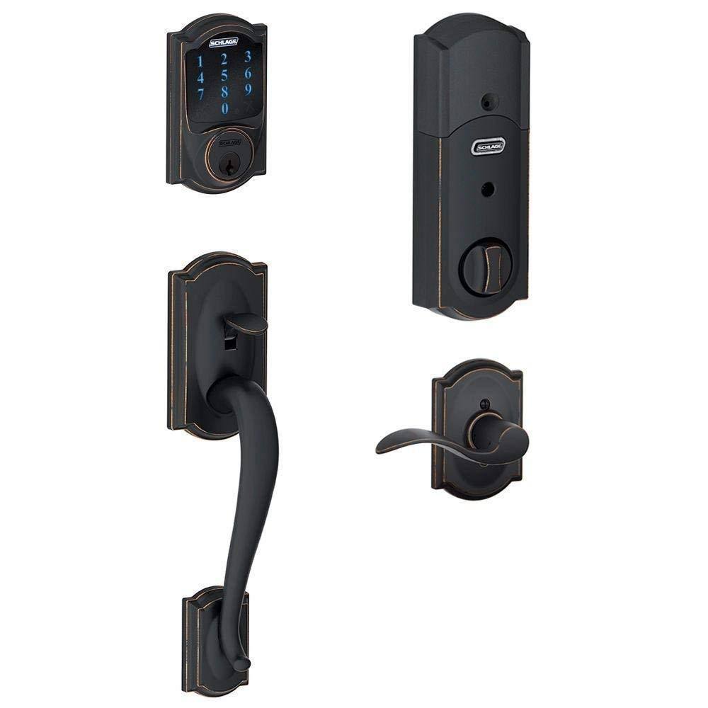 Aged Bronze Touchscreen Deadbolt with Alarm and Handleset with Interior Lever E841469