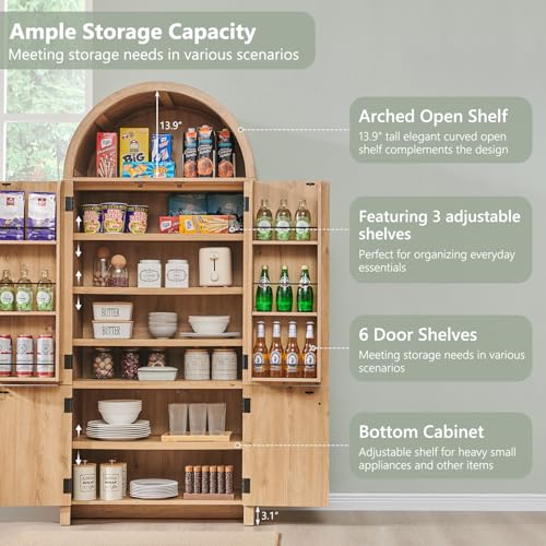 Natural Fluted Wood Storage Cabinet with Doors, 3 Adjustable Shelves, 6 Door Shelves O8039