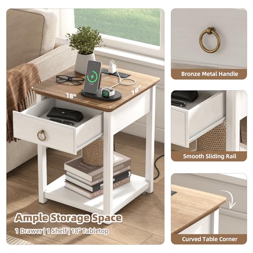 White Solid Wood Square End Table with Drawer A60423