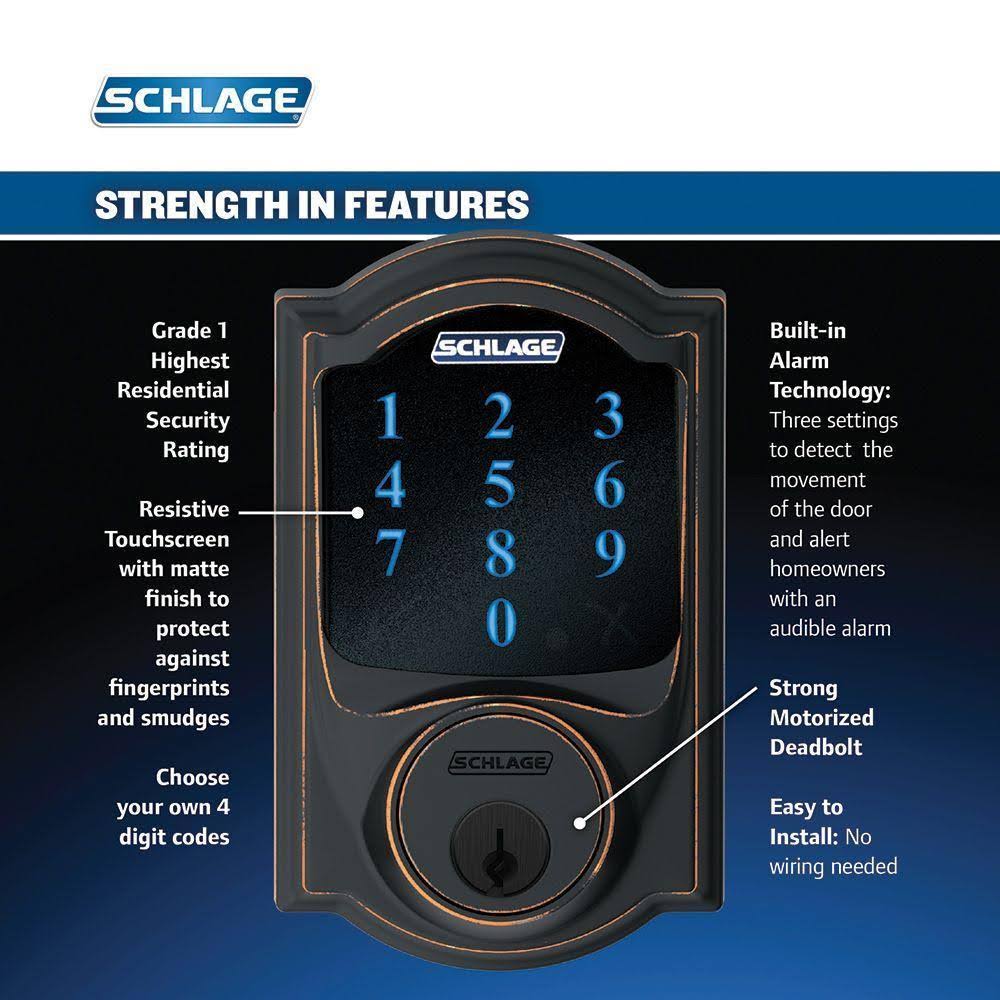 Aged Bronze Touchscreen Deadbolt with Alarm and Handleset with Interior Lever E841469