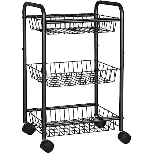 Black 3-Tier Metal Rolling Cart with Baskets and Lockable Handles K867