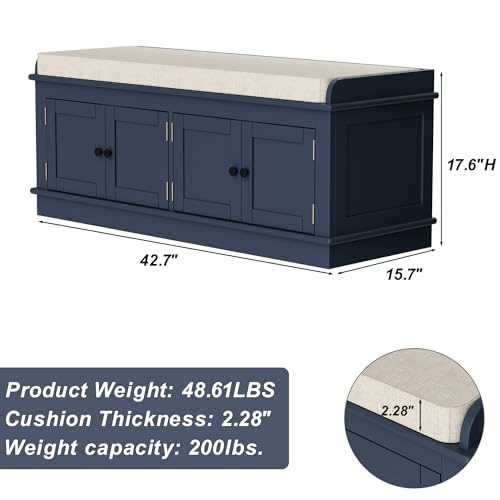 White 43.7" Storage Drawers and 2 Cabinets Shoe Bench with Removable Cushion B9115