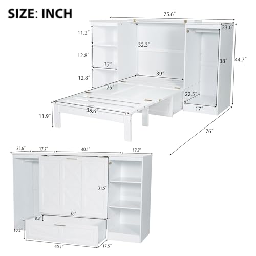 White Twin Size Murphy Bed with Storage Shelves and Wardrobe H51429