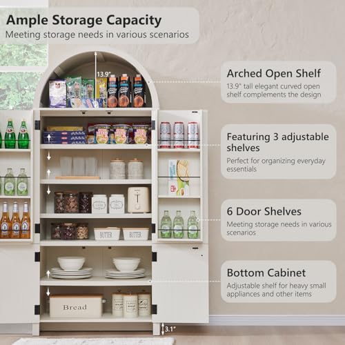 Natural Fluted Wood Storage Cabinet with Doors, 3 Adjustable Shelves, 6 Door Shelves O8039