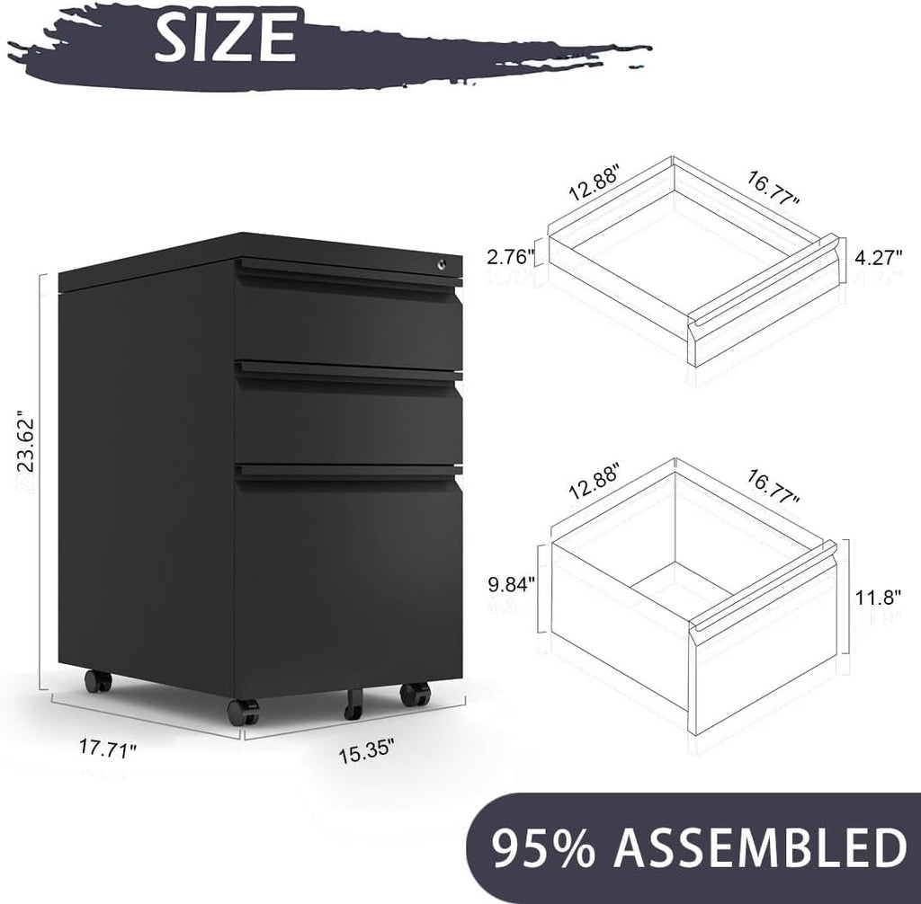 Black Steel 3-Drawer Rolling File Cabinet P671993