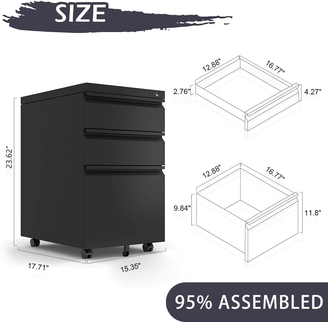 Black Steel 3-Drawer Rolling File Cabinet P671993