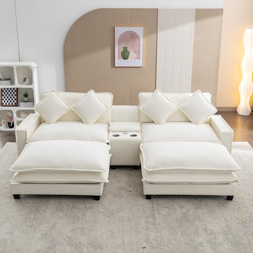 Beige Sectional Sofa with 2 Removable Ottoman E196