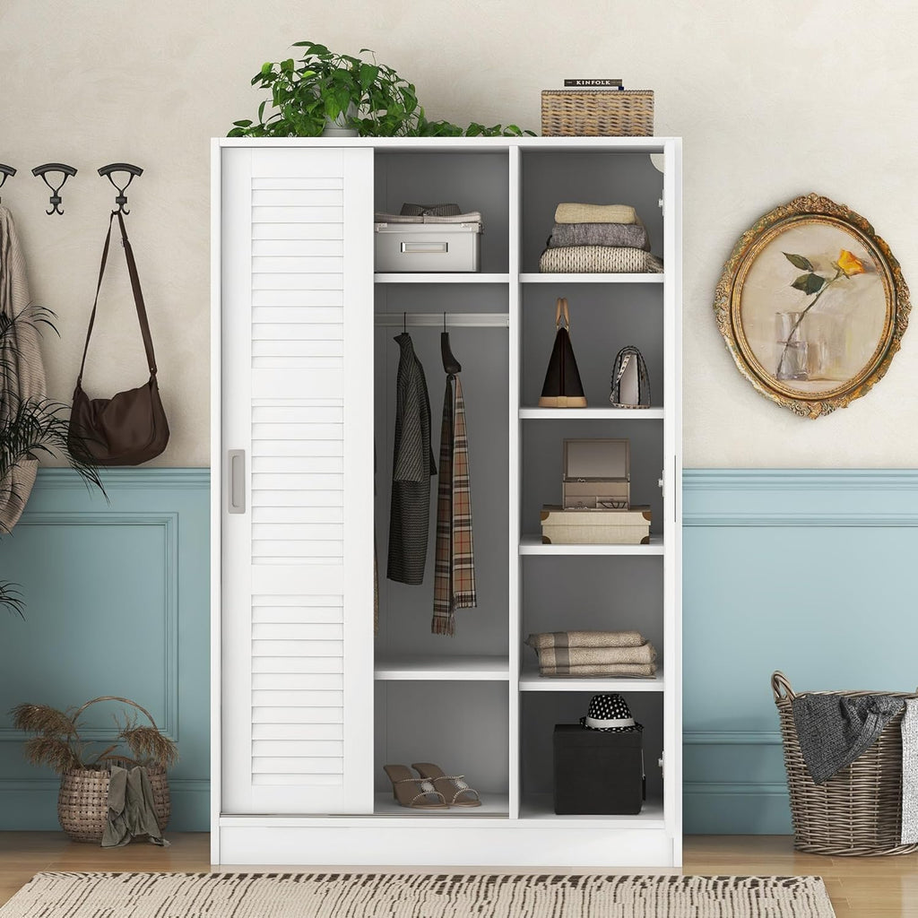 White 3 Doors Wood Wardrobe with Storage Shelves and Hanging Rail Z60478