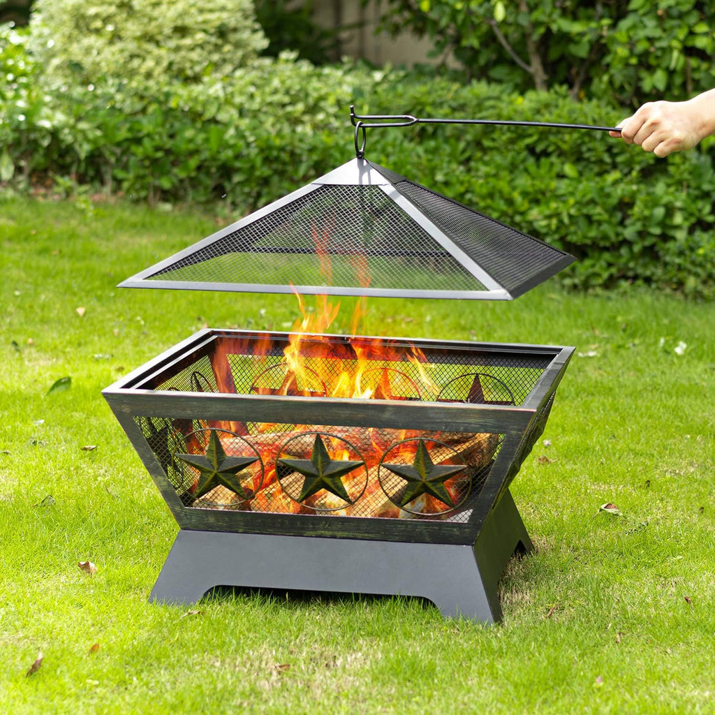Fire Pit Outdoor Wood Burning 24in with Spark Screen Mesh Lid Bronze C1471
