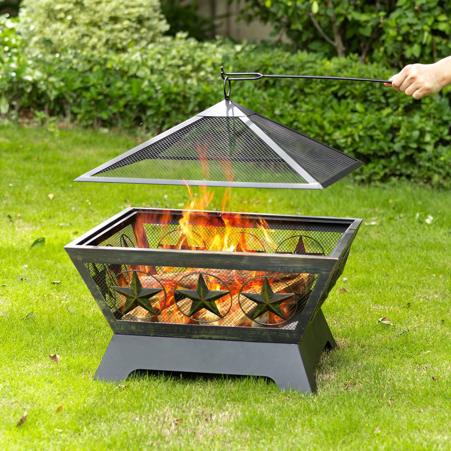 Fire Pit Outdoor Wood Burning 24in with Spark Screen Mesh Lid Bronze C1471