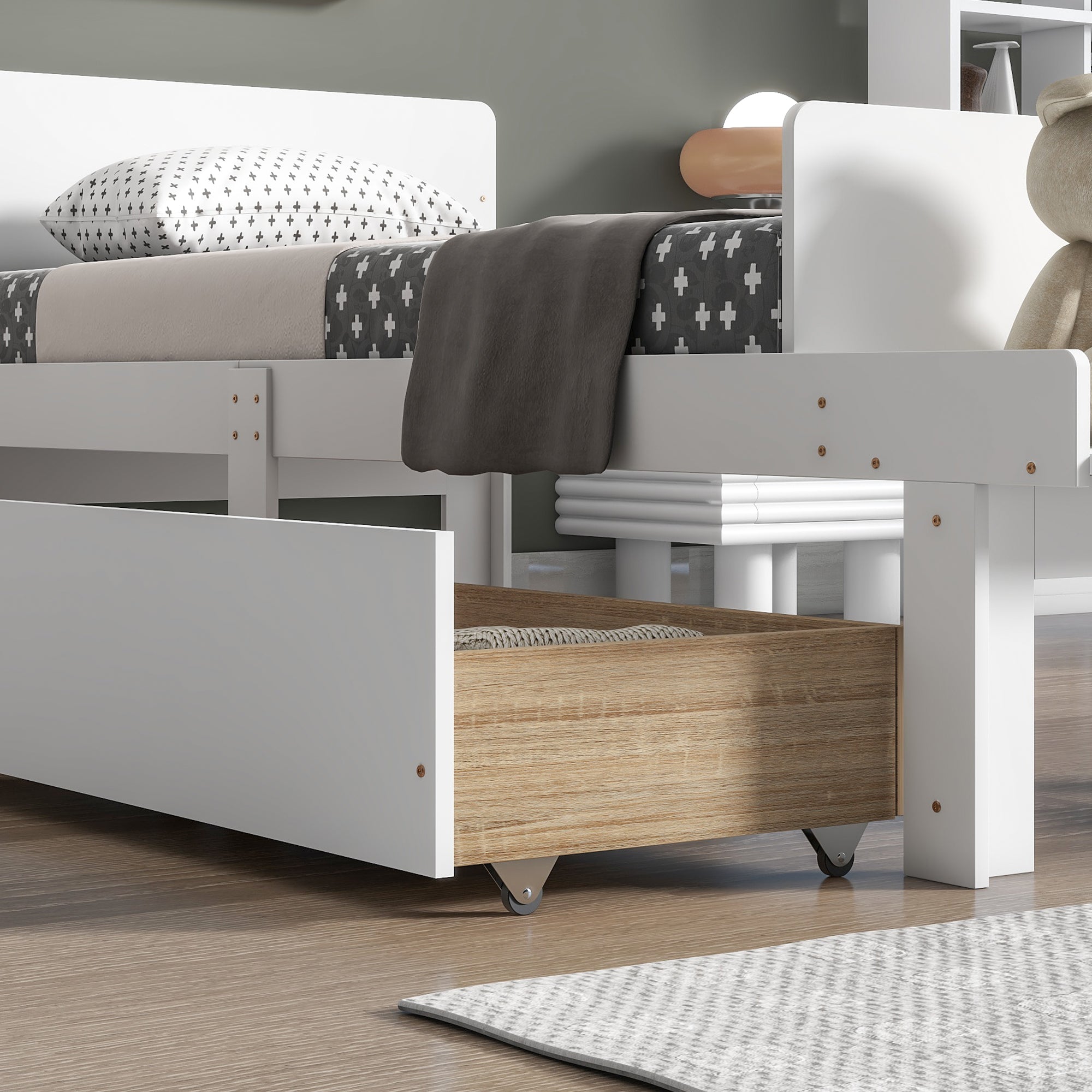 White Twin Size Wood Platform Bed Frame with Headboard and Footboard and 2 Storage Drawers X4446