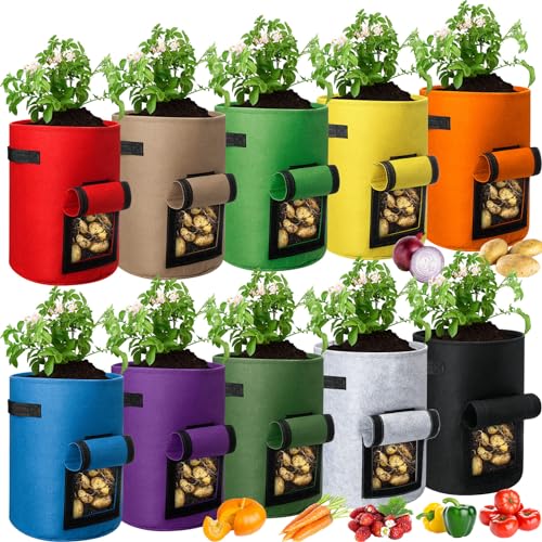 10 Pcs Thickened Nonwoven Fabric Potato Grow Bags with Flap and Handle (7 Gallon) E367