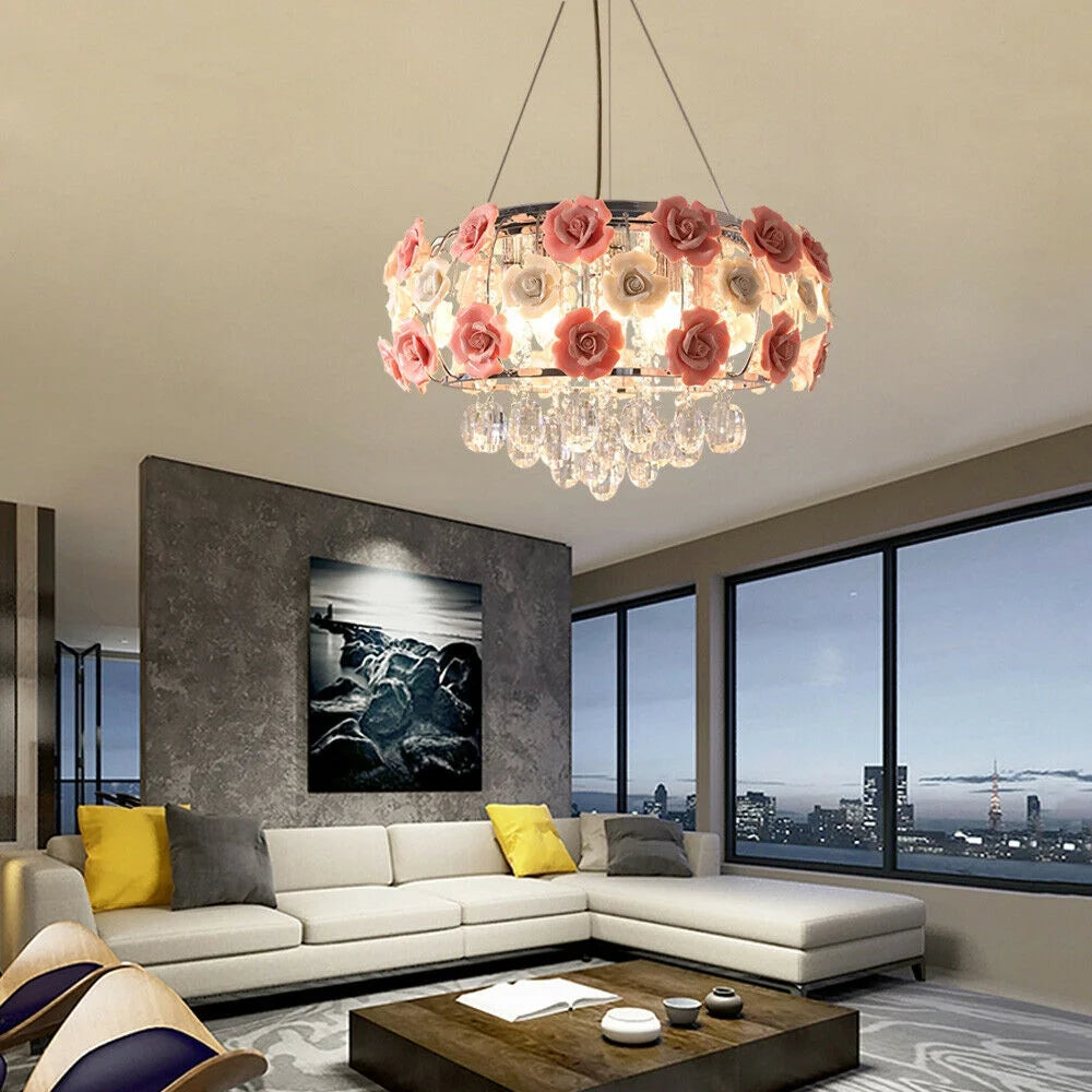 Pink Rose Flower Crystal Pendant Ceiling Lamp O308785