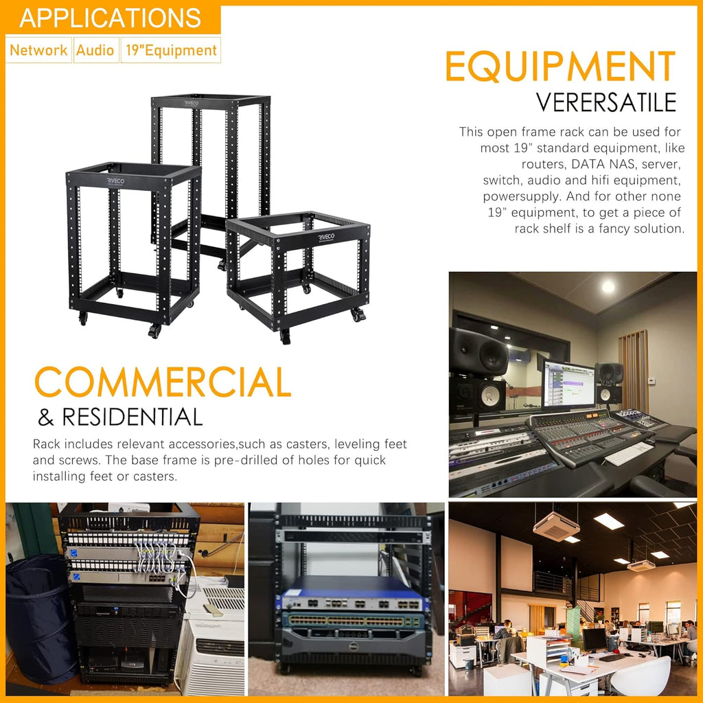 9U Open Frame Server Rack with Casters Black Q82983