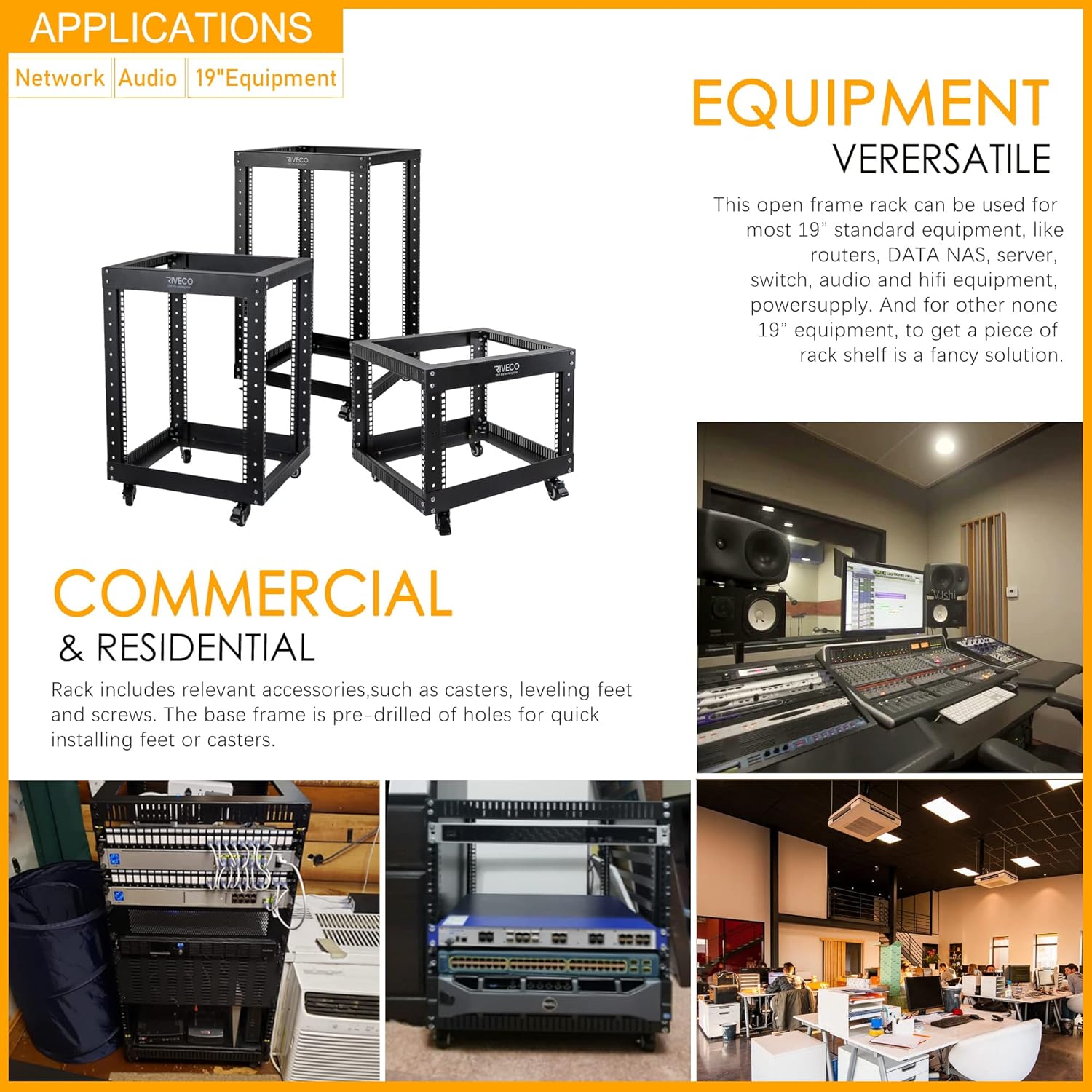 9U Open Frame Server Rack with Casters Black Q82983