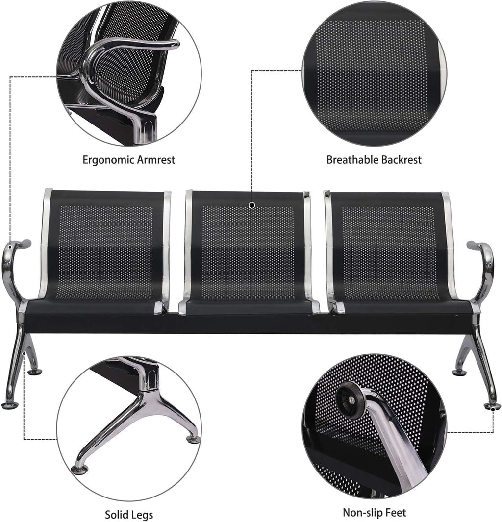 Black 3-Seat Waiting Room Bench with Arms D2718