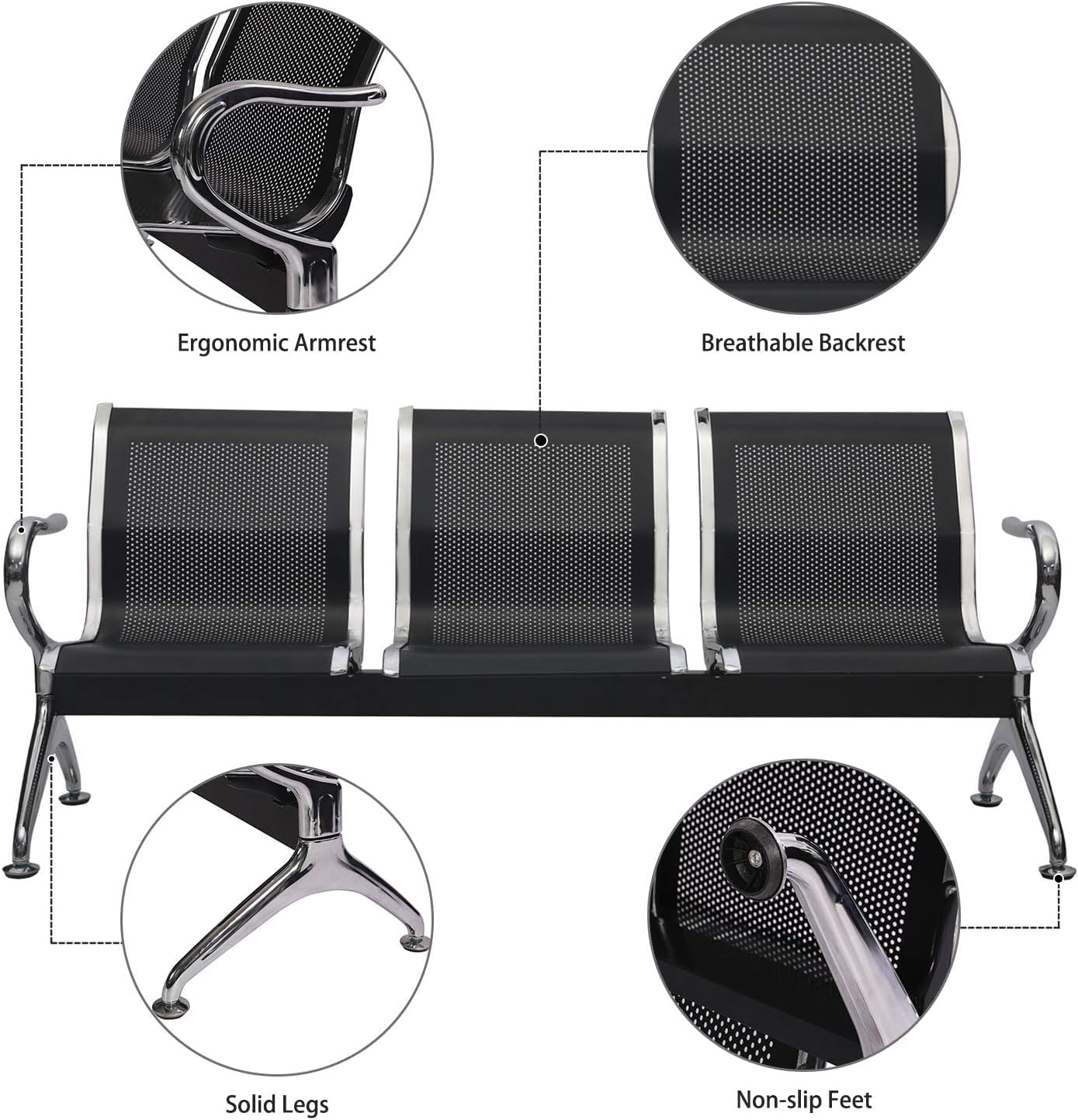 Black 3-Seat Waiting Room Bench with Arms D2718
