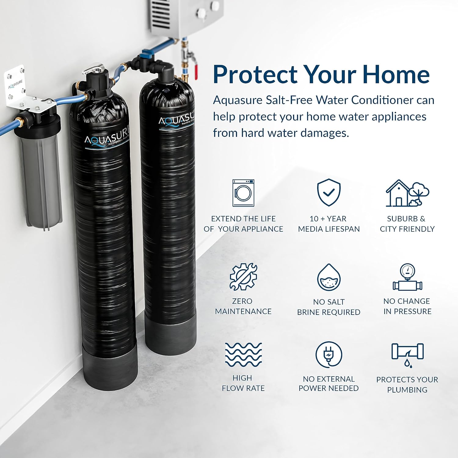 10 GPM Whole House Salt-Free Conditioning Descaler Bundle with KDF/GAC Water Treatment System and Pleated Sediment Pre-Filter X4285