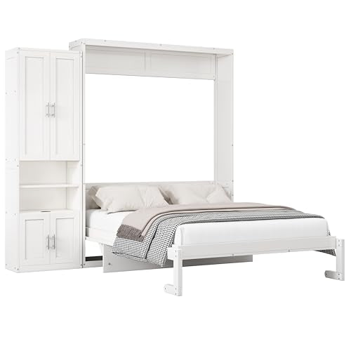 Queen Murphy Bed with 2 Side Cabinet Storage Shelf, Metal Frame, Brown D91055