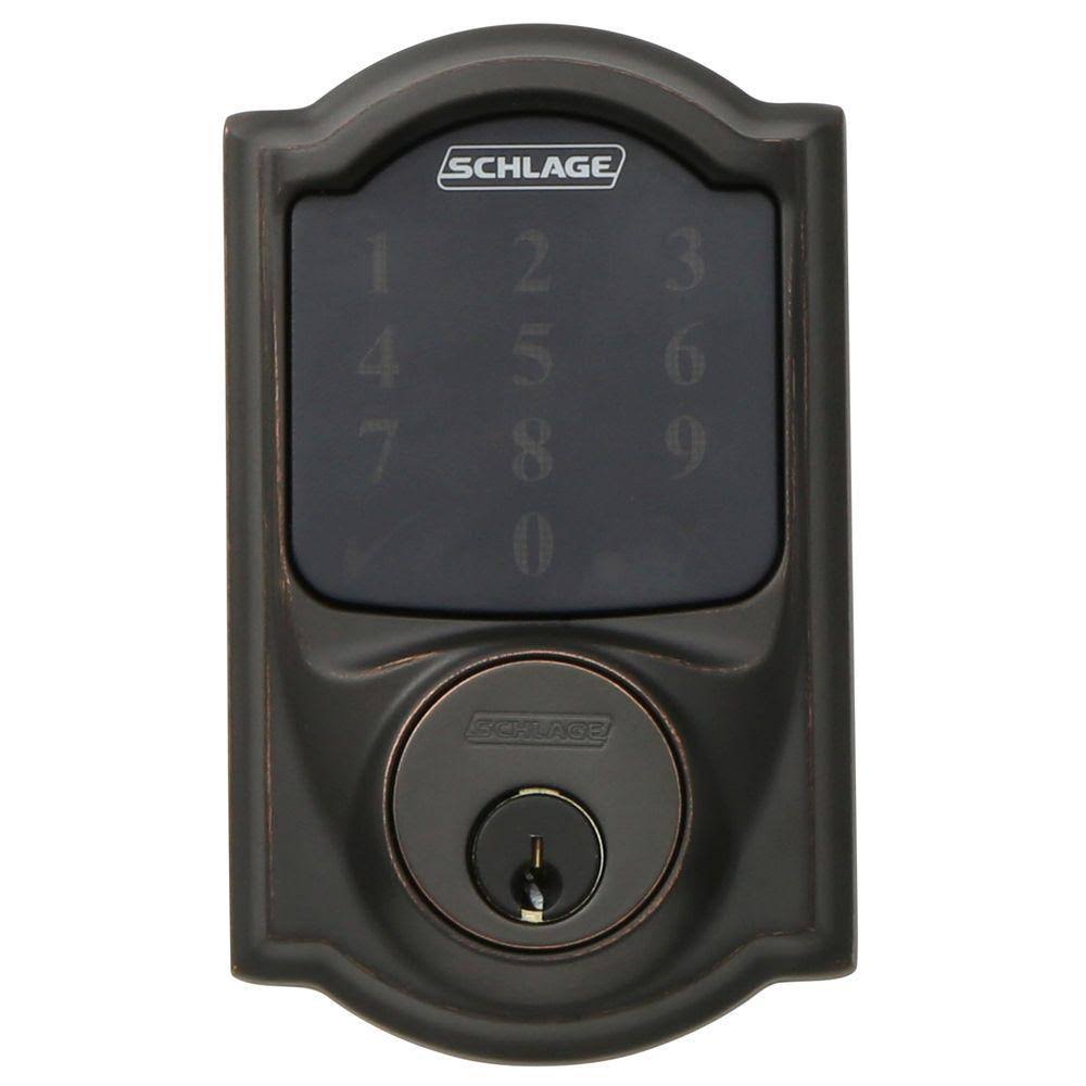 Aged Bronze Touchscreen Deadbolt with Alarm and Handleset with Interior Lever E841469