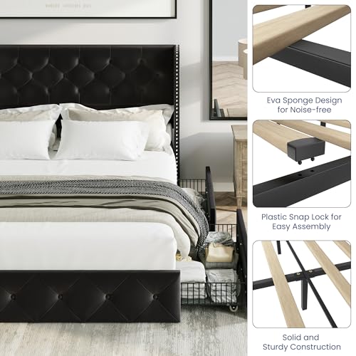 Black Velvet King Size Bed Frame with Storage Drawers and Tufted Headboard W1588