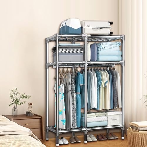 Metal Wardrobe Closet with 2 Hanging Rods, Storage Shelves (43.3 x 17.7 x 67 Inches) L9096
