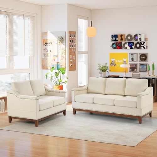 Beige 3-Seater Upholstered Sofa with Nailhead Trim Q2838