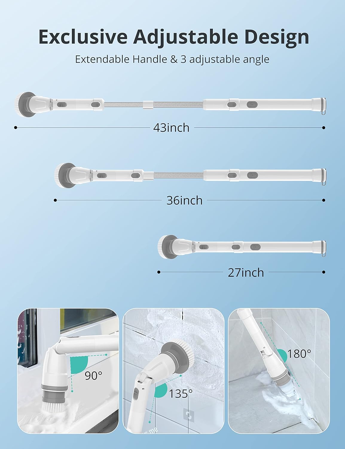Cordless Electric Spin Scrubber with Adjustable Extension Arm and 4 Replaceable Cleaning Heads H563