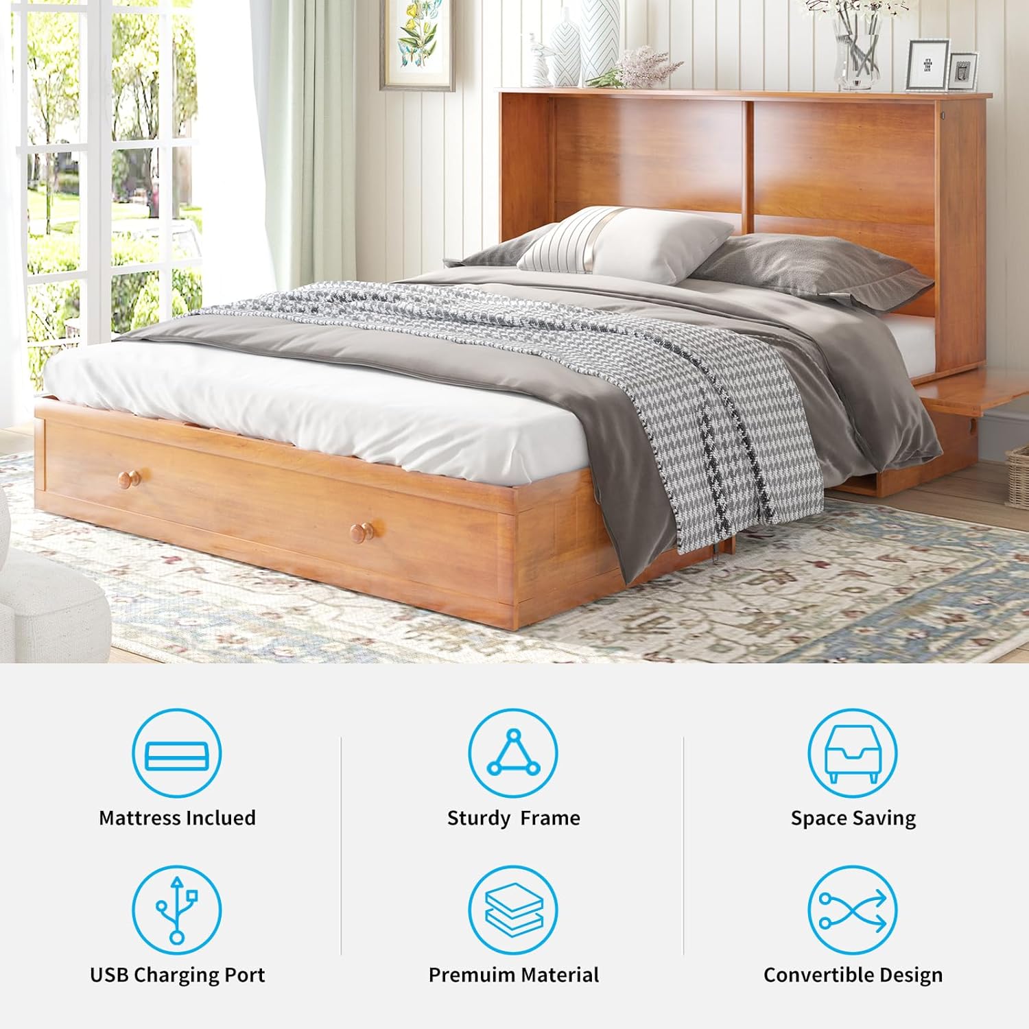 Queen Size Murphy Bed with Foldable Foam Mattress and Storage Drawer (Cherry) S894