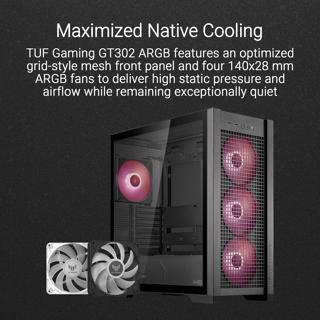Black ATX Mid-Tower PC Case with Four 140 x 28 mm ARGB Fans and Interchangeable Tempered Glass or Mesh Side Panels K961296
