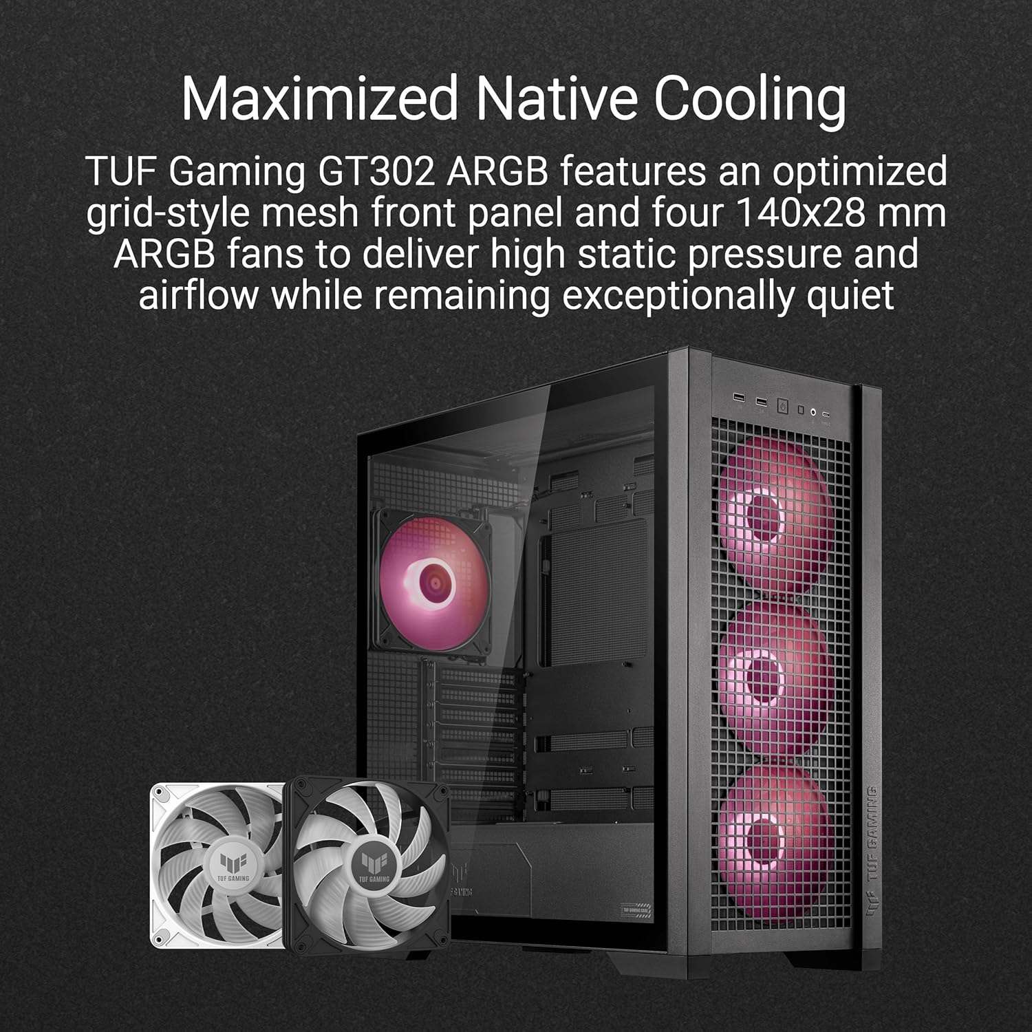 Black ATX Mid-Tower PC Case with Four 140 x 28 mm ARGB Fans and Interchangeable Tempered Glass or Mesh Side Panels K961296