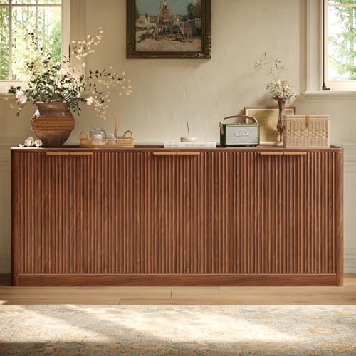 67" Fluted Oak Buffet Cabinet Sideboard with Storage, Large Credenza with 6 Doors E41086