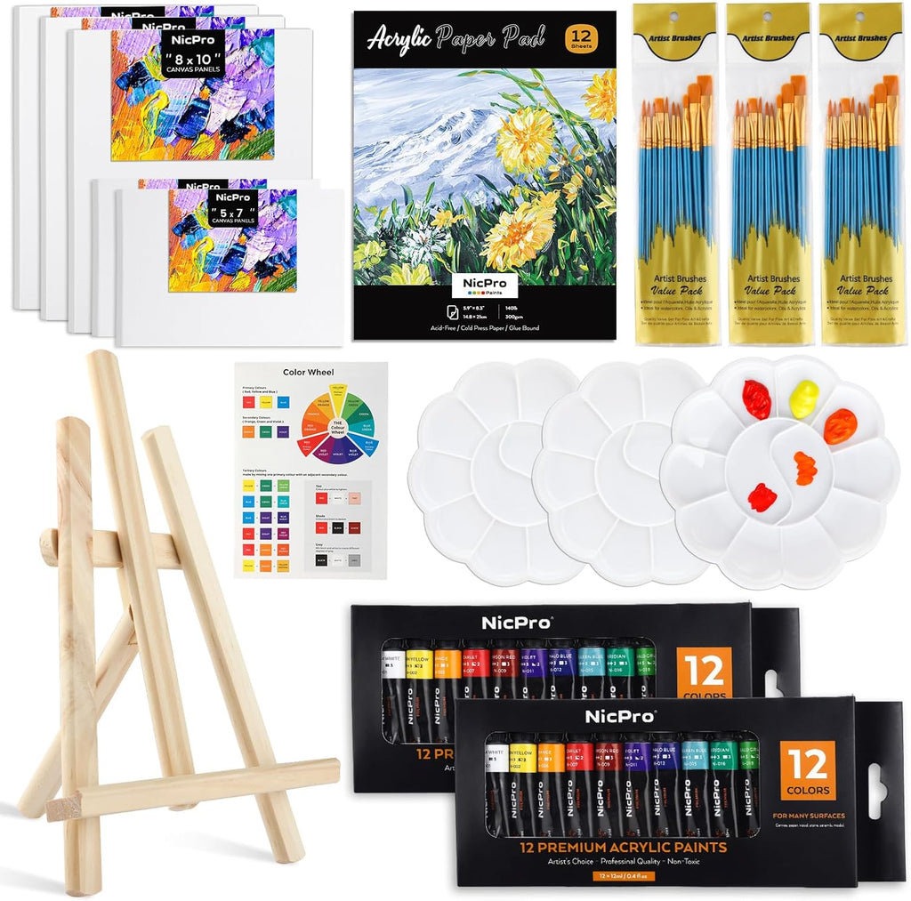 65PCS Acrylic Paint Canvas Set with 12 Colors, 30 Paint Brushes, 5 Canvas, Wood Easel, 3 Palette, A5 Paper Pad J642792