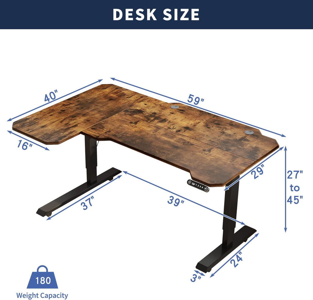 L Shaped Electric Height Adjustable Standing Desk with Black Frame & Rustic Brown Top K498