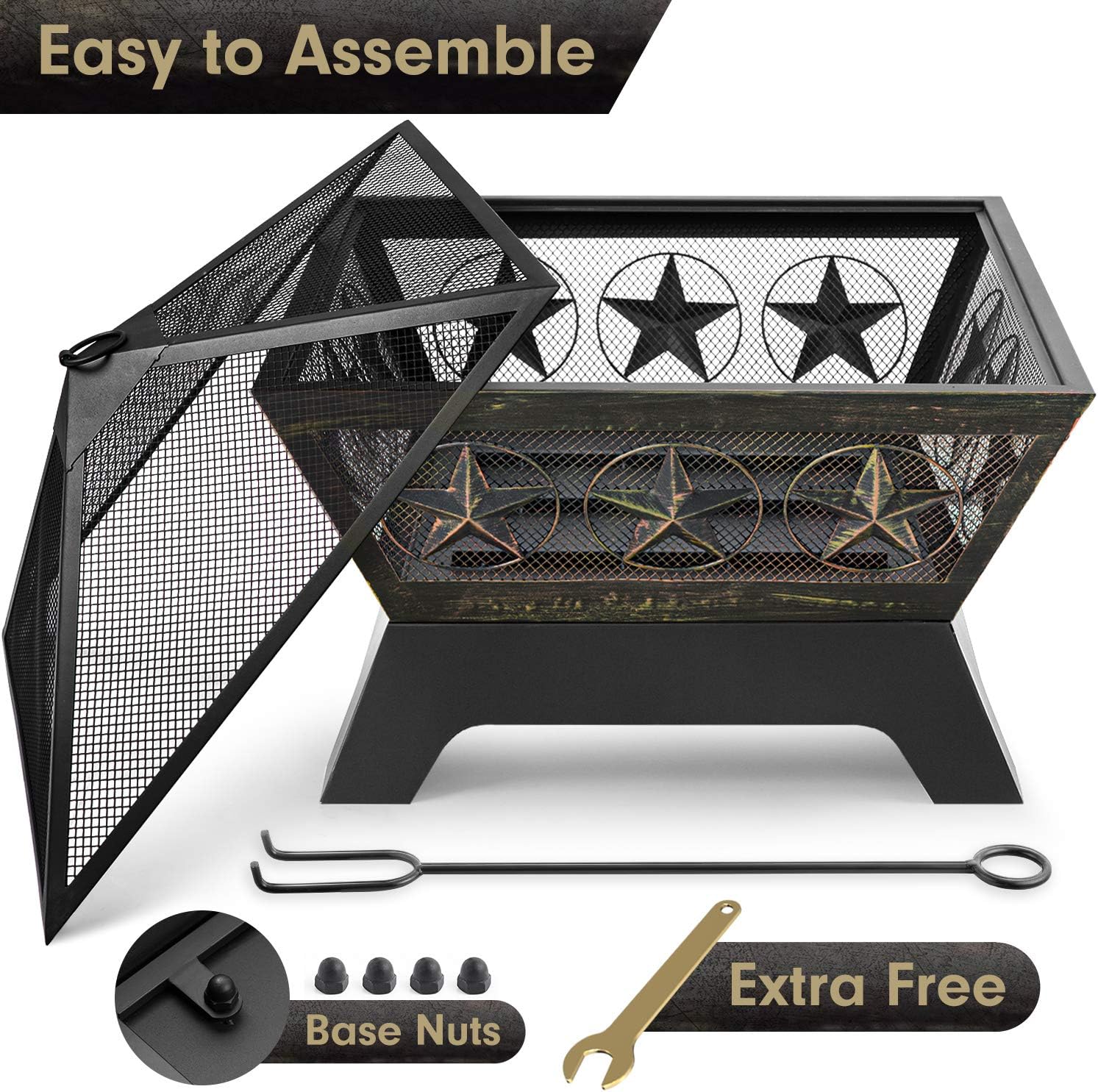 Fire Pit Outdoor Wood Burning 24in with Spark Screen Mesh Lid Bronze C1471