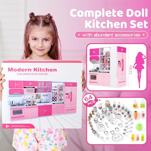64 PCS Pink Kitchen Toys with Lights Sounds Doll Playset E410646