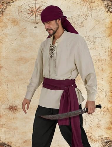 Khaki Large Mens Pirate Costume Outfit With Pants Shirts Sash Accessories O533
