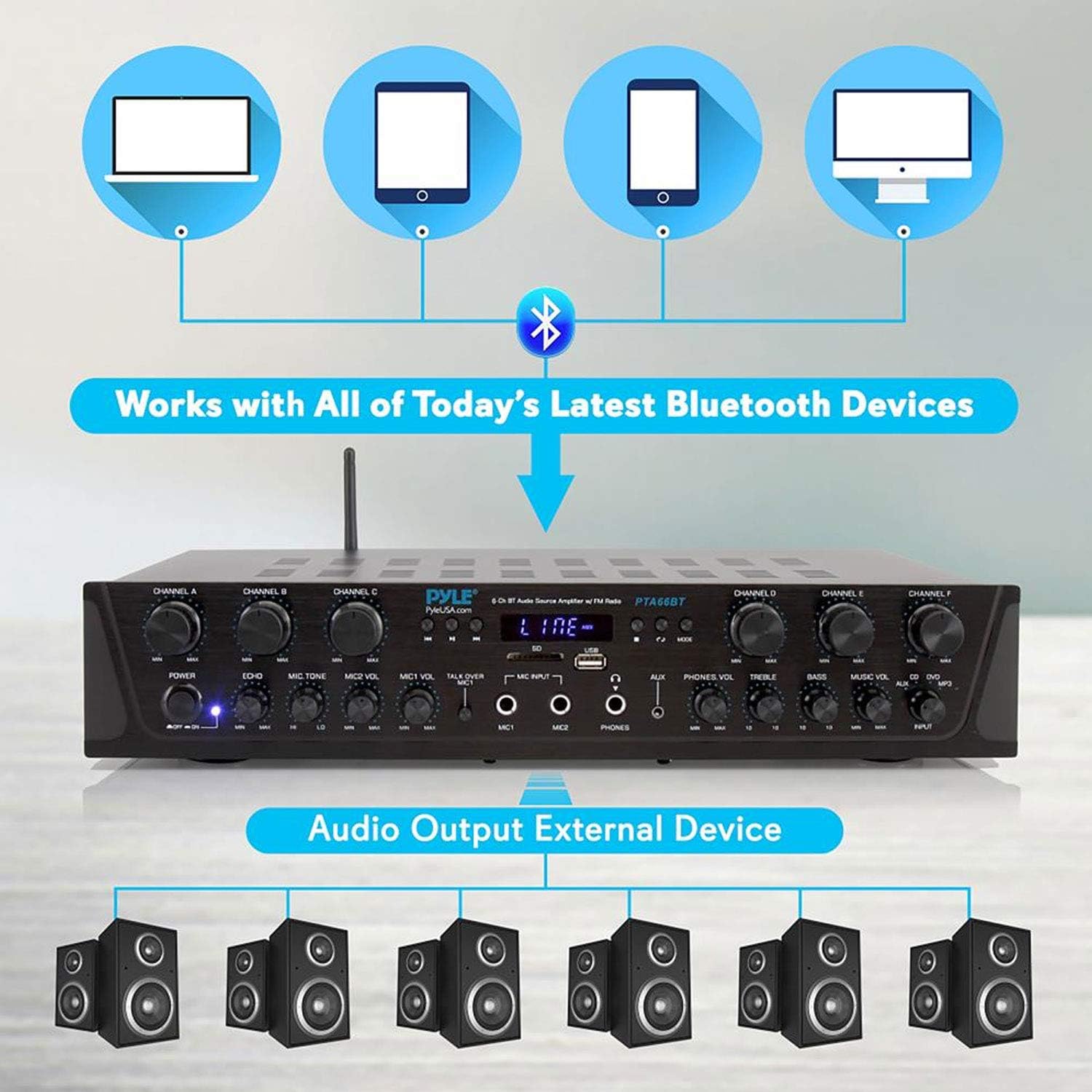 6 Channel 600 Watt Wireless Bluetooth Stereo Receiver Amplifier R744