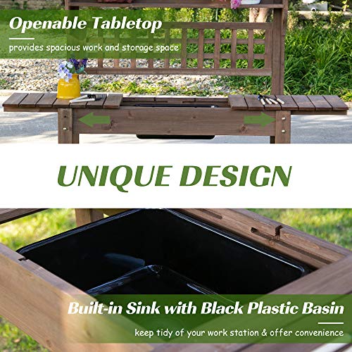 Brown Wooden Potting Bench Table with Sliding Tabletop and Storage Shelf W4219