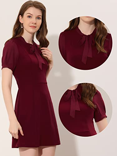 Tie Neck Puff Short Sleeve Office Work Dress F89524