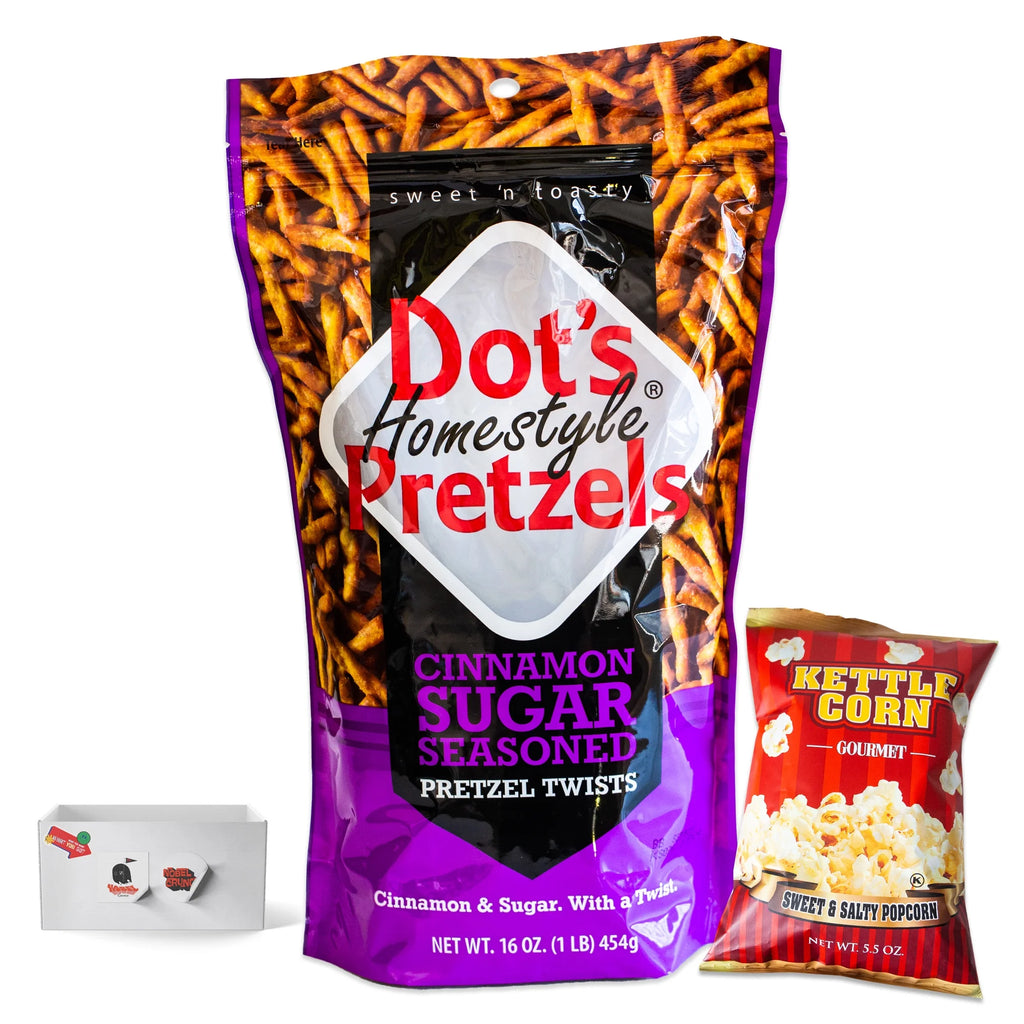 Cinnamon Sugar Pretzel Twists (16oz bag) - Sweet and Salty Butter Kettle Popcorn (5oz bag) - 2 Items Total J1261