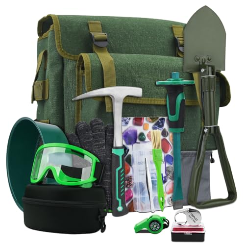 15 PCS Geology Rock Pick Hammer Kit with Digging Chisels, Shovel, Backpack, Magnifying Glass, Goggles, Whistle, Soil Sieve D57162