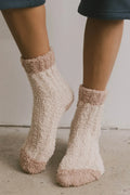 Fuzzy Contrast Socks in Tan W65094