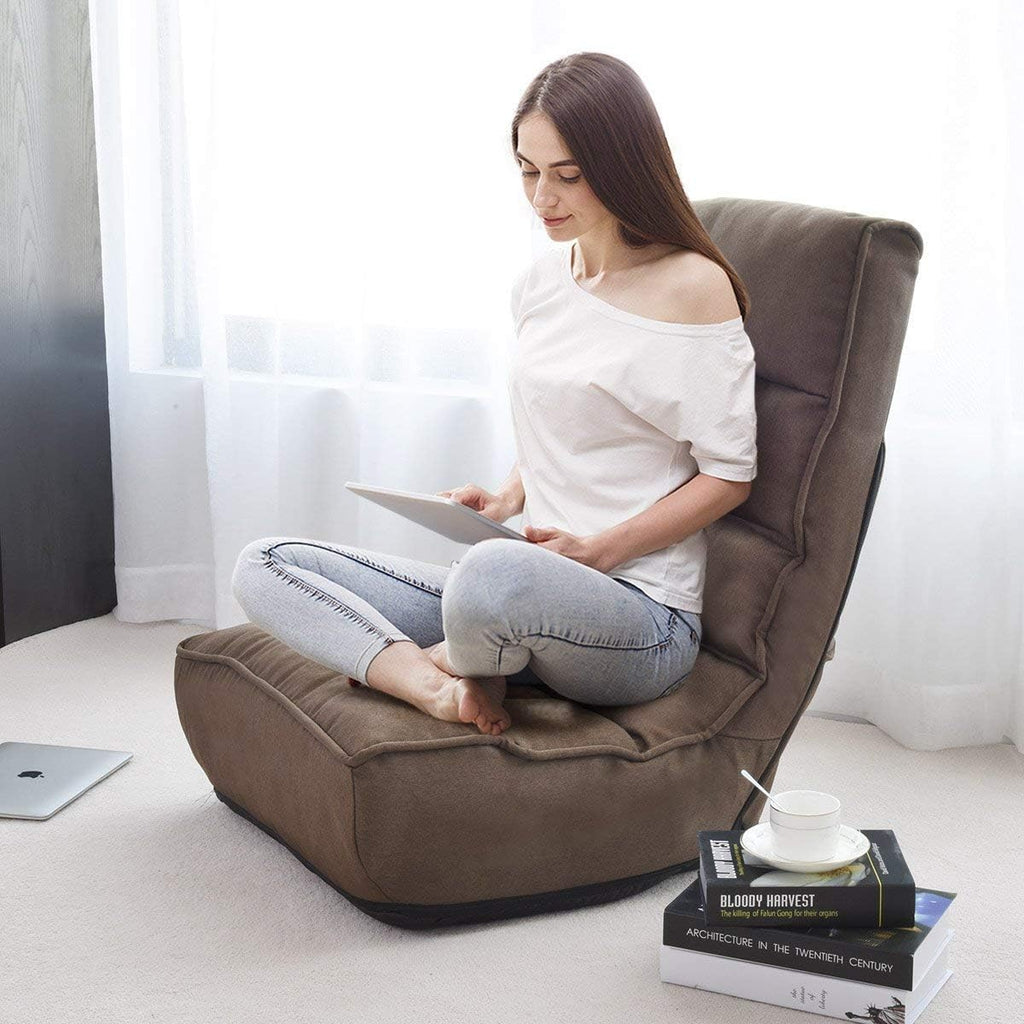 Brown Floor Chair Sleeper 4-Position Adjustable Angle Folding Lazy Sofa Cushioned Couch Lounger D71101
