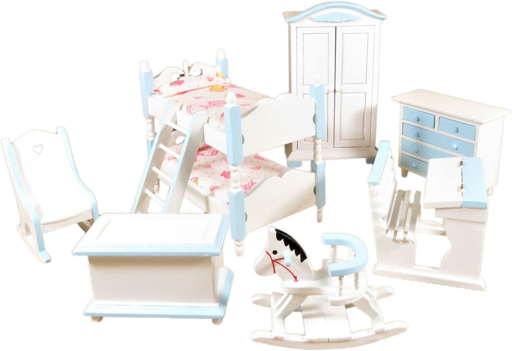 Blue & White Dollhouse Bedroom Furniture Set with Bunk Bed 1:12 Scale I154493